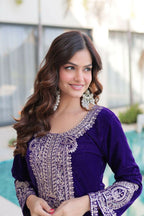 Joban Fashion Purple Kurta Set Velvet Sequins , Zari, Coding & Thread Embroidered work - Distacart