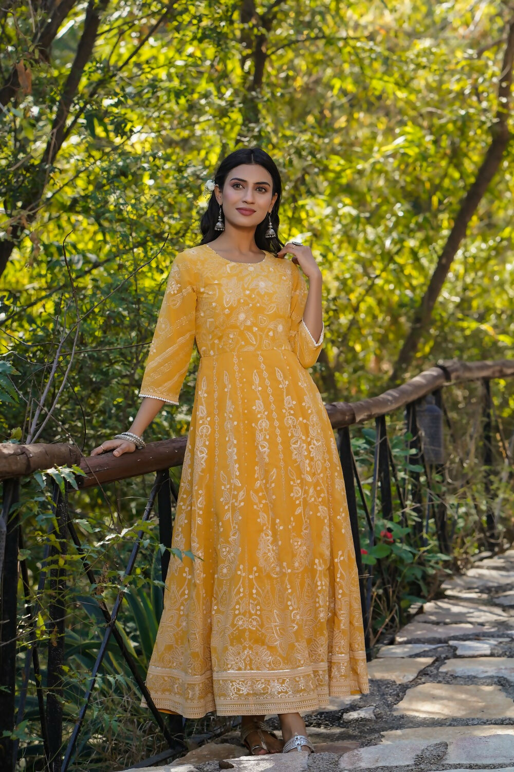 Juniper Yellow Floral Printed Georgette Maxi Dress With Beads Kantha Work & Sequins At Neckline - Distacart