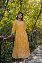 Juniper Yellow Floral Printed Georgette Maxi Dress With Beads Kantha Work & Sequins At Neckline - Distacart