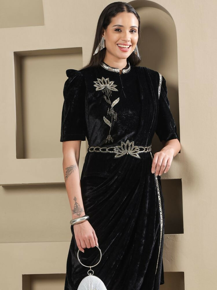 Joban Fashion Women Black Velvet Hand Embellishment Stitched Kurta Set - Distacart