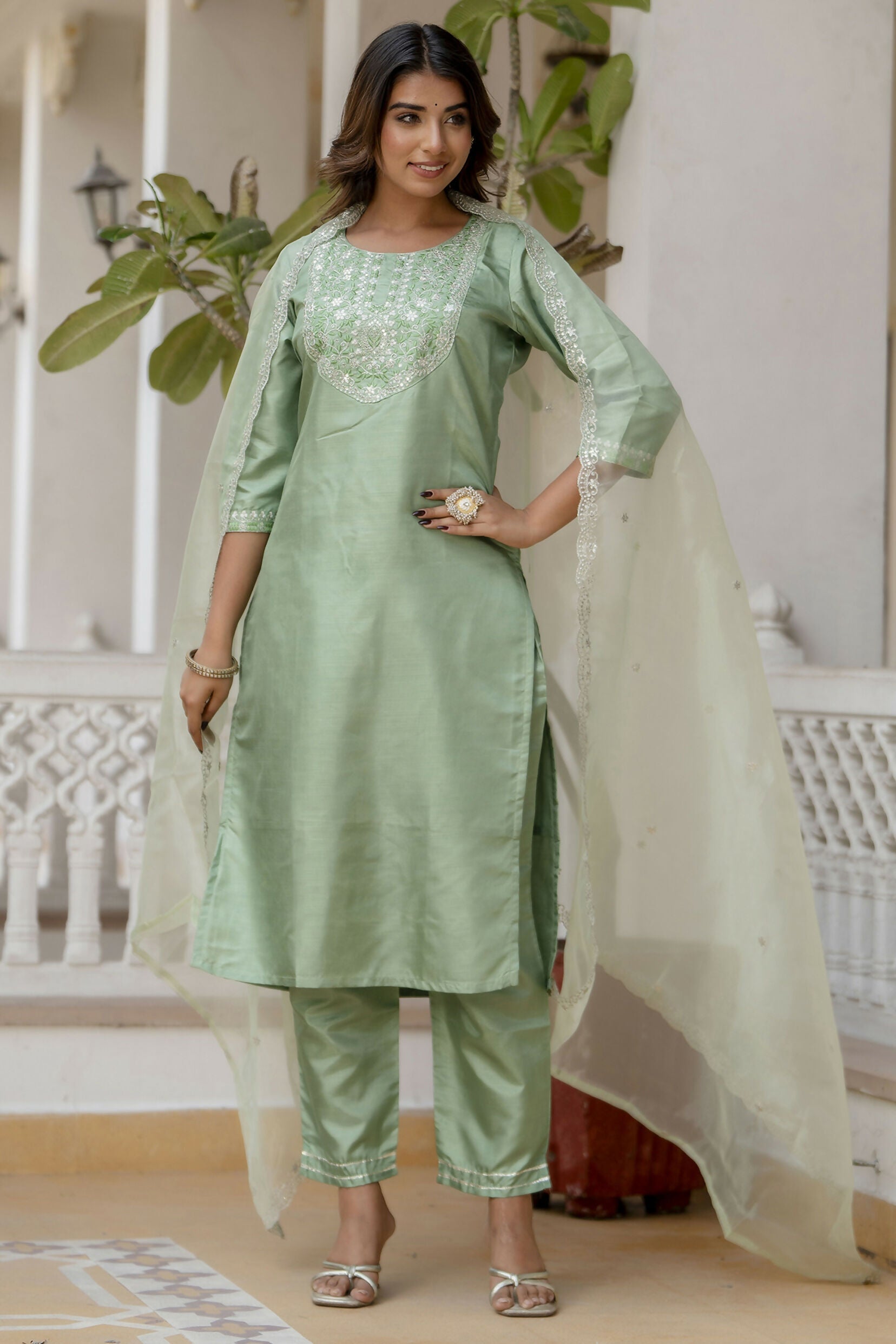 Vellora Pista Silk Blend Casual Suit with Elegant Thread Work