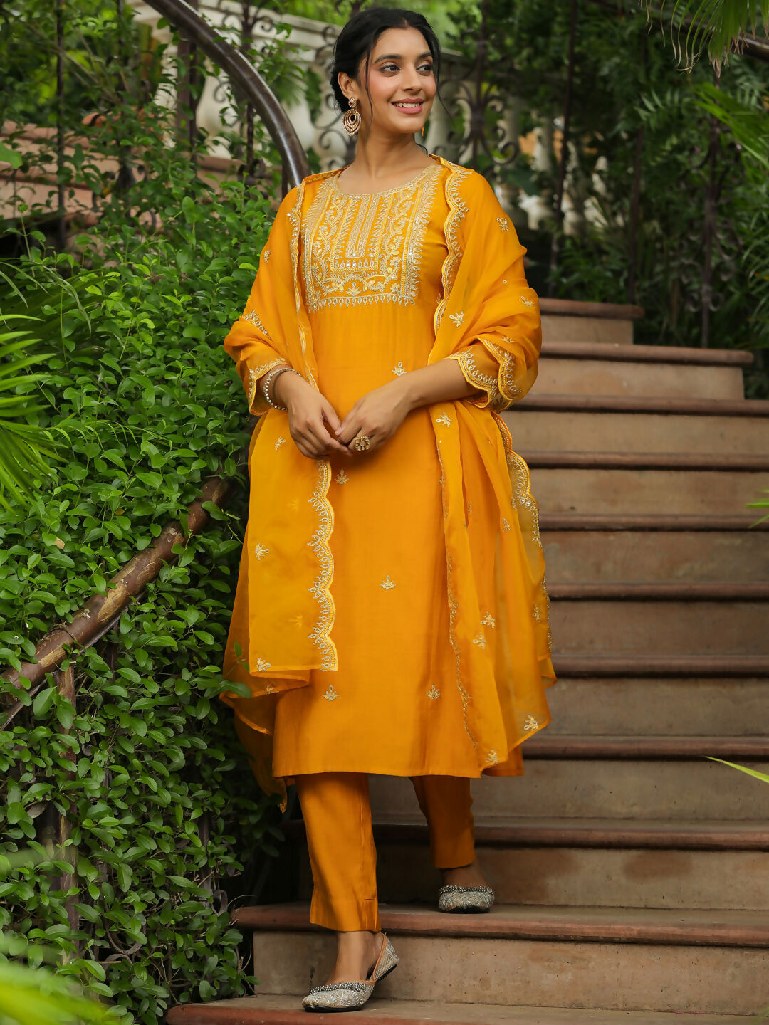 Janasya Mustard Silk Blend Embroidered Kurta,Bottom & Dupatta