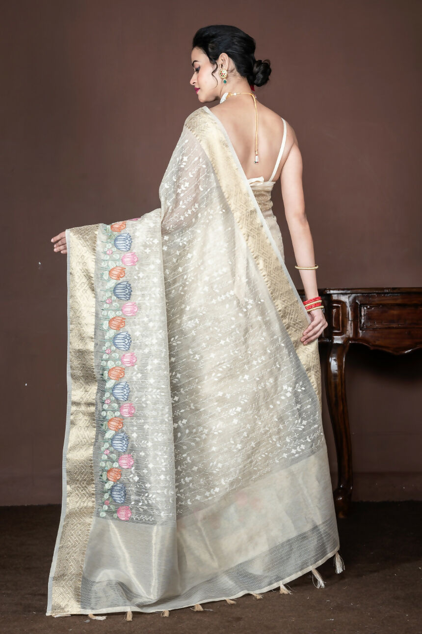 Morchari Beige Banarasi Tissue Computer Embroidery Saree Unstitched Blouse - Distacart