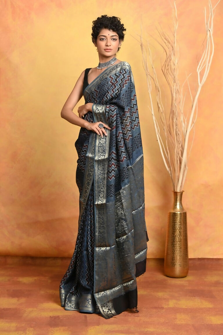 Very Much Indian Modal Silk Ajrakh Handblock Printed Natural Dyes With Designer Border Saree - Grey