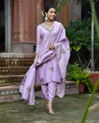 Vaasva Women's Tissue Silk Emboidered Suit Set With Solid Pant & Solid Embroidered Dupatta