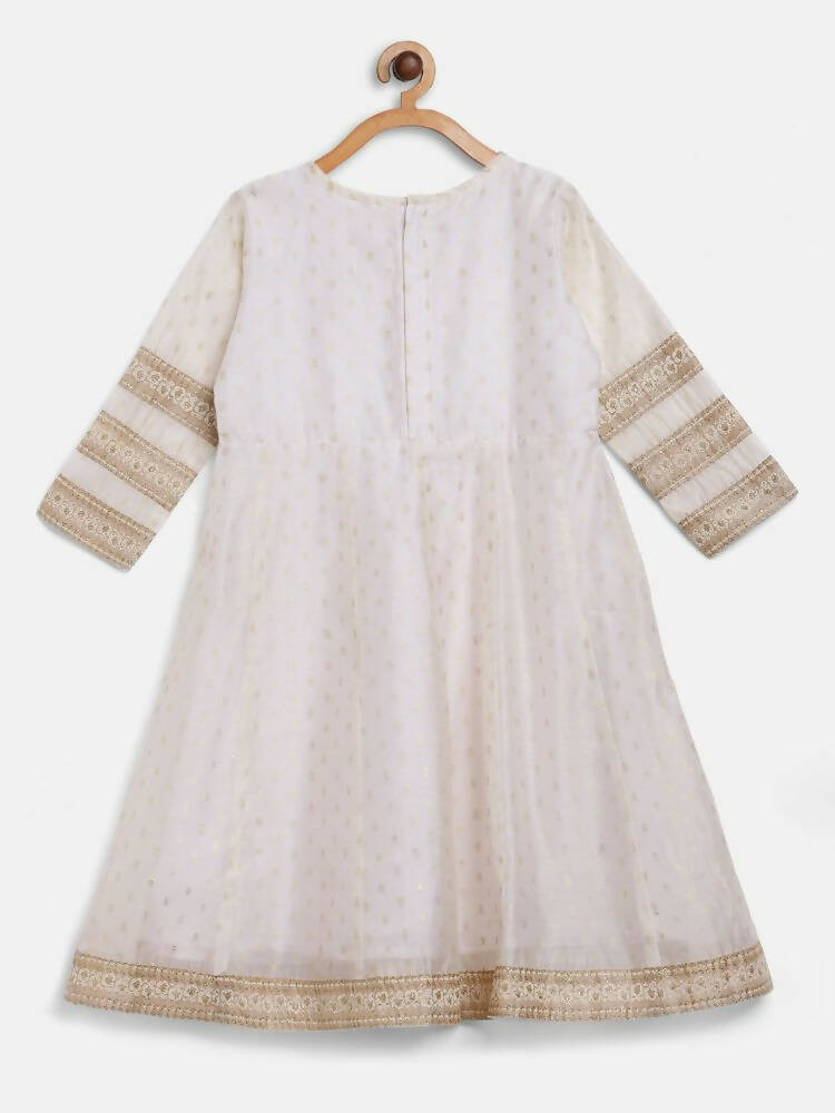Ahalyaa Off White Chanderi Anarkali Kids Kurta With Dupatta For Girls