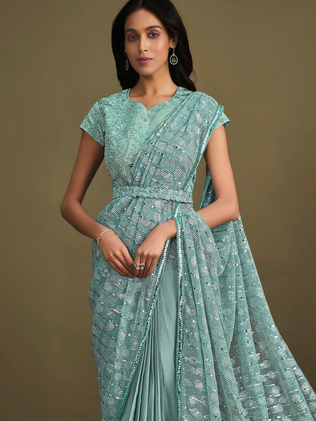Light Blue Crepe Silk Sequence Embroidered With Texture Saree With Stitched Blouse - Mohmanthan La Belle