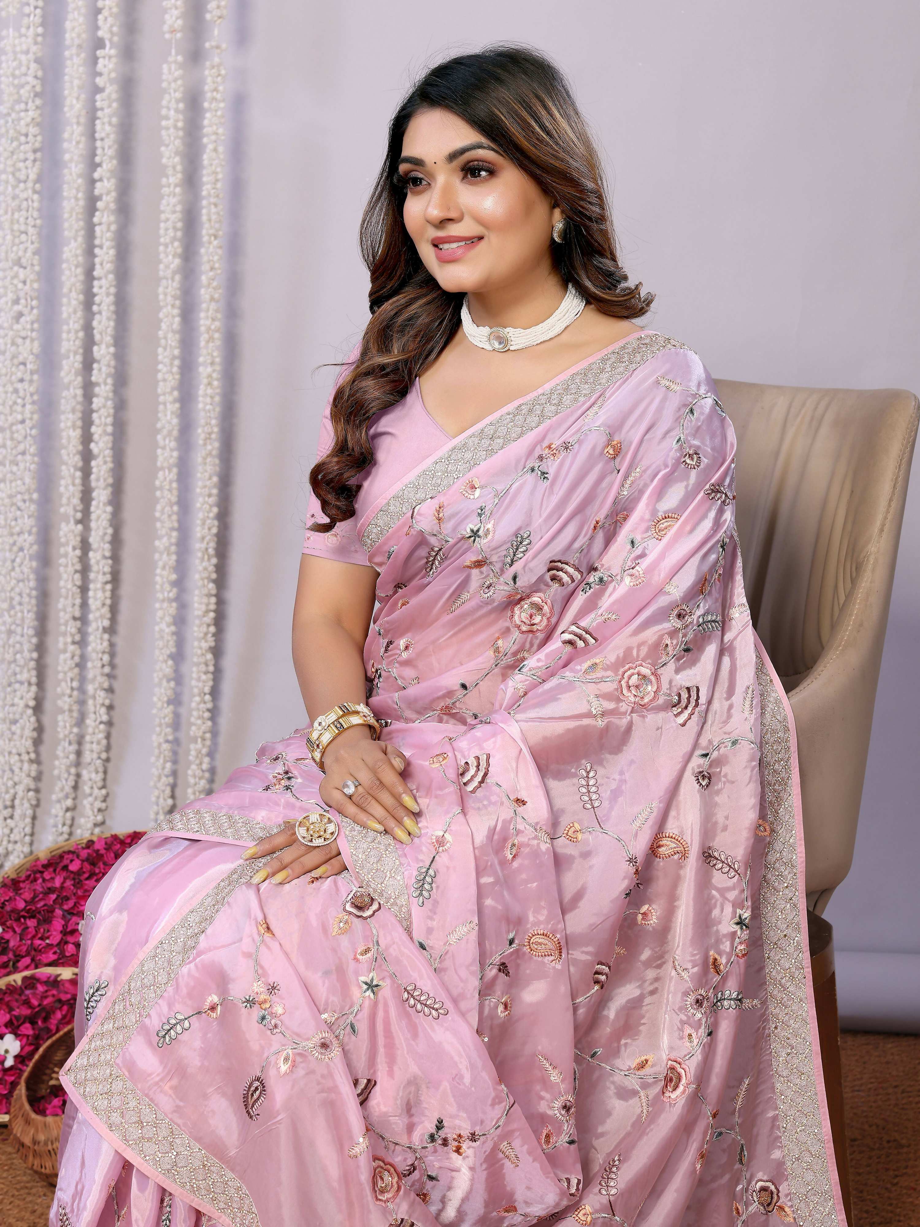 Pink Satin Silk Embroidered Saree With Stitched Blouse - Nimaya Kaksha