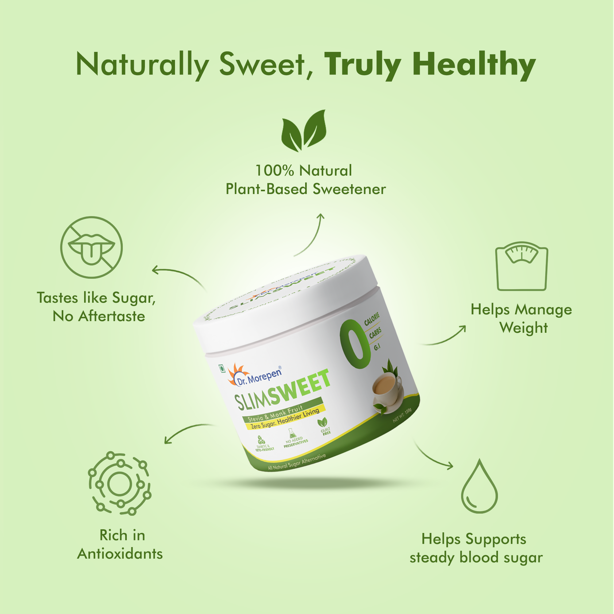 Dr. Morepen Slimsweet Natural Sugar Substitute with Stevia & Monk Fruit - Distacart