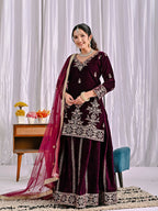 Joban Fashion Wine Velvet Sequence Embroidery Work Kurta Set - Distacart