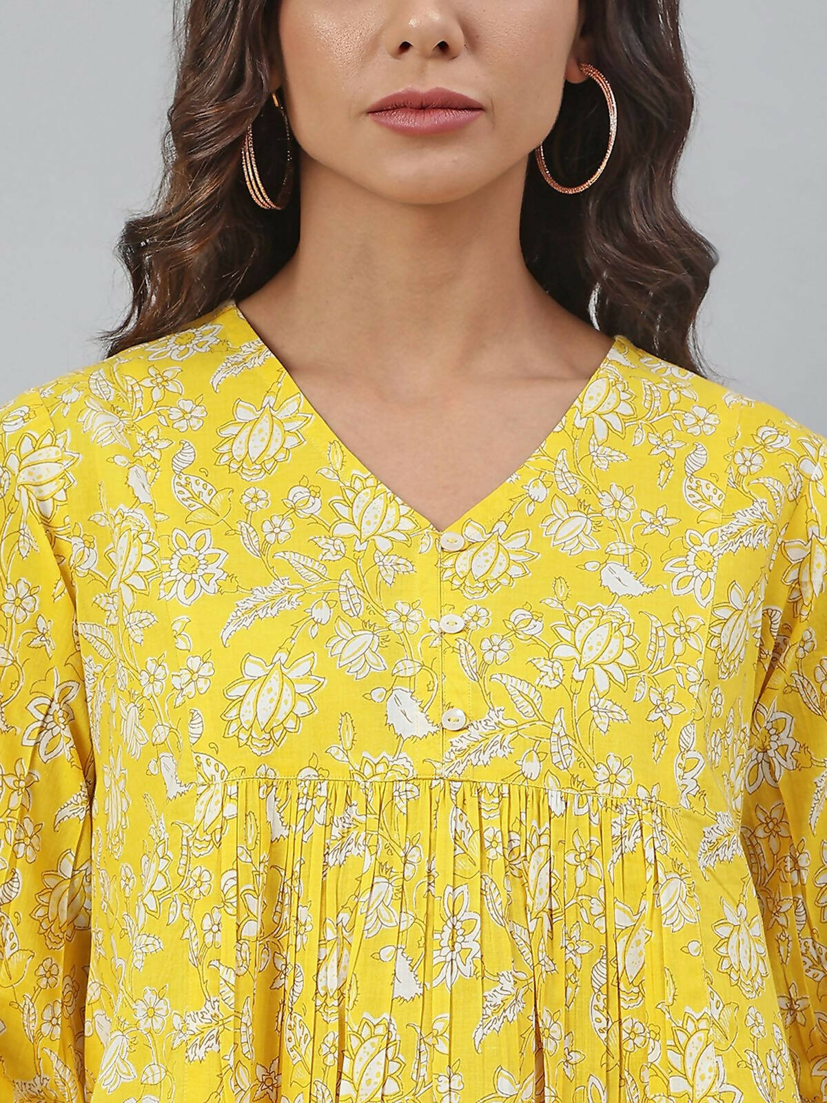 Janasya Women's Yellow Cotton Floral Print Flared Top - Distacart