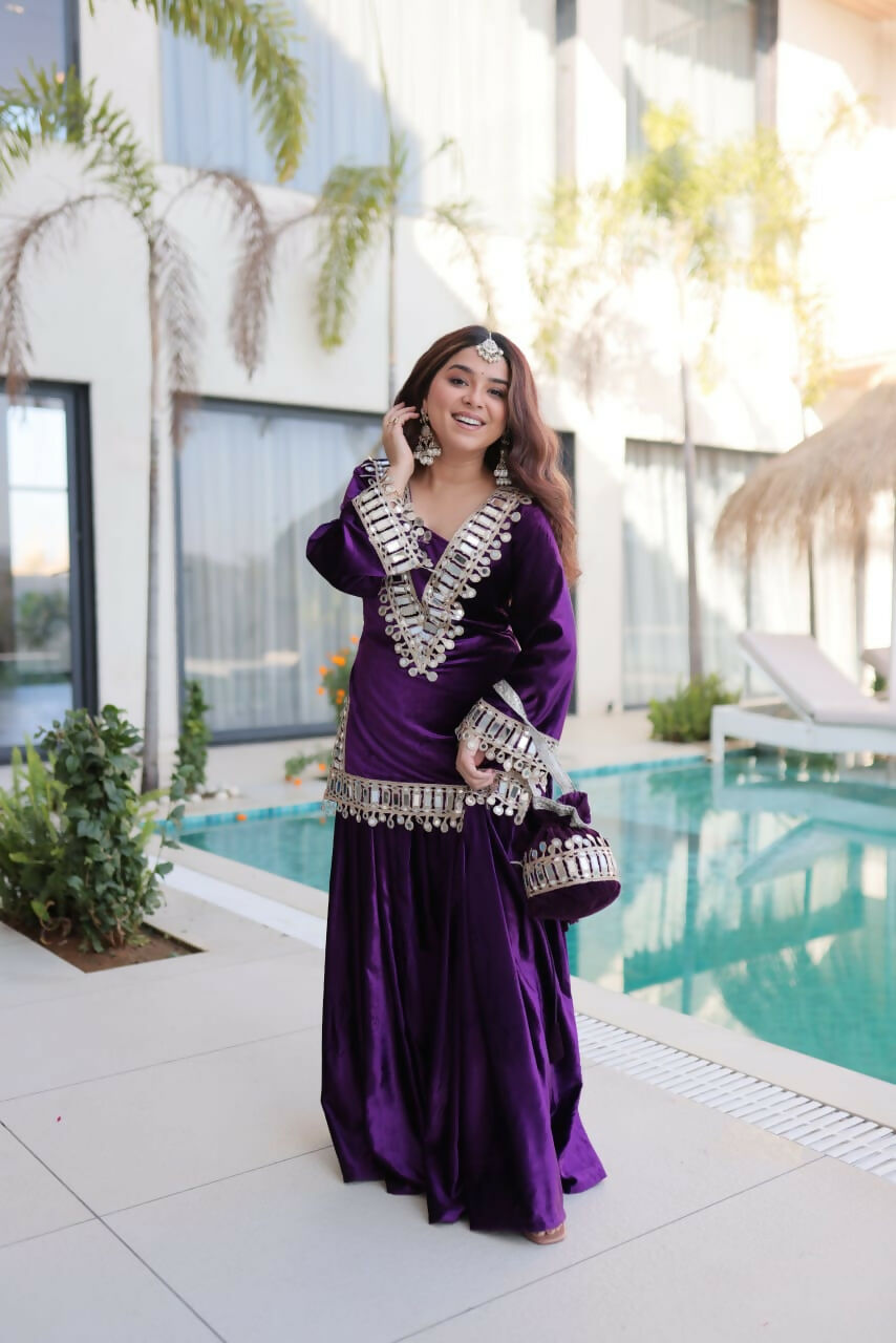 Joban Fashion Purple Kurta Set Velvet Embroidery Sequence Work - Distacart