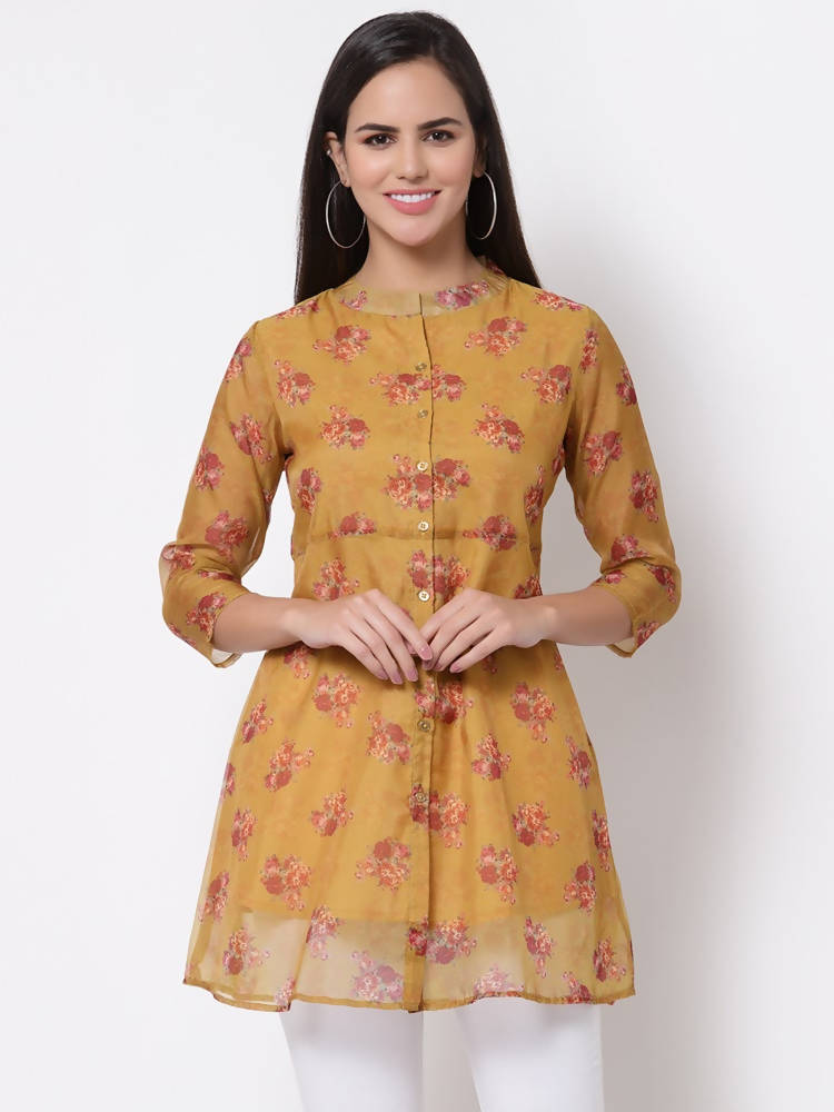 Myshka Women's Traditional Organza Printed Printed 3/4 Sleeve Round Neck Casual Multicolor Tunic