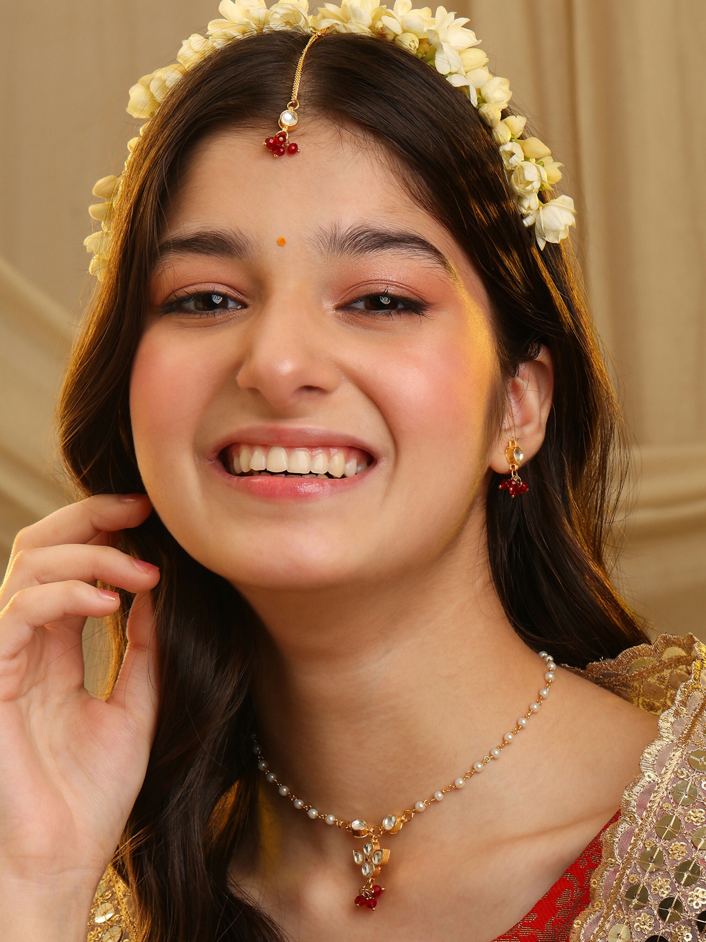 Ruby Raang Maang Tikka With Necklace And Earrings Set - Distacart