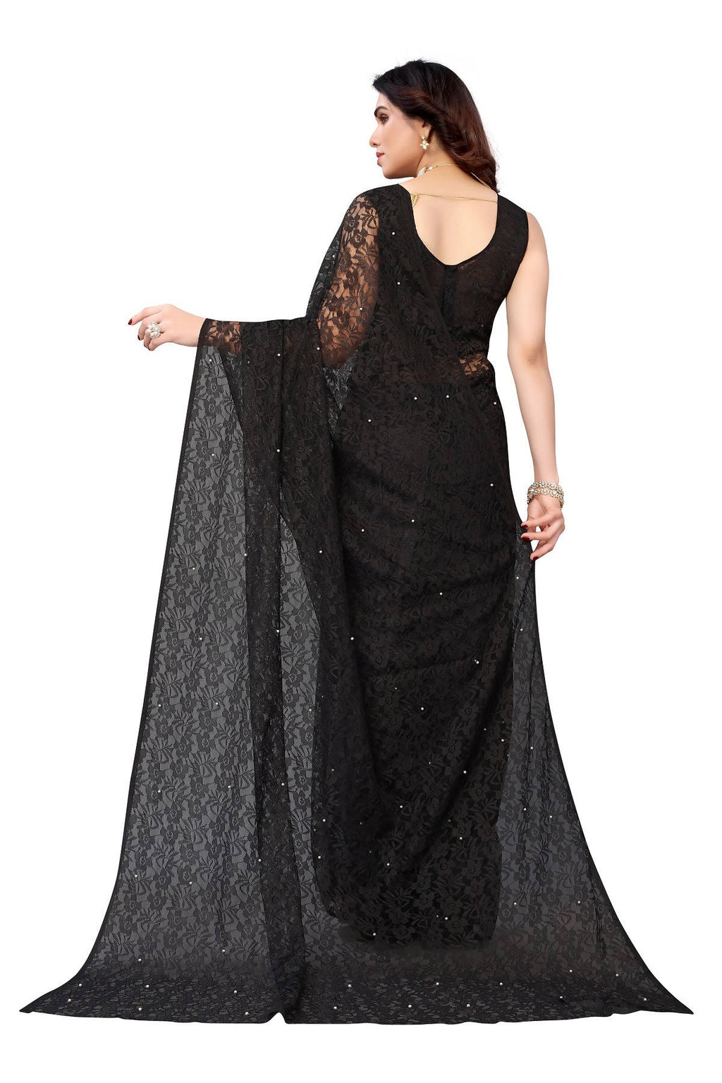 Vamika Ethnic Fire Black Pearls Net Saree - Distacart