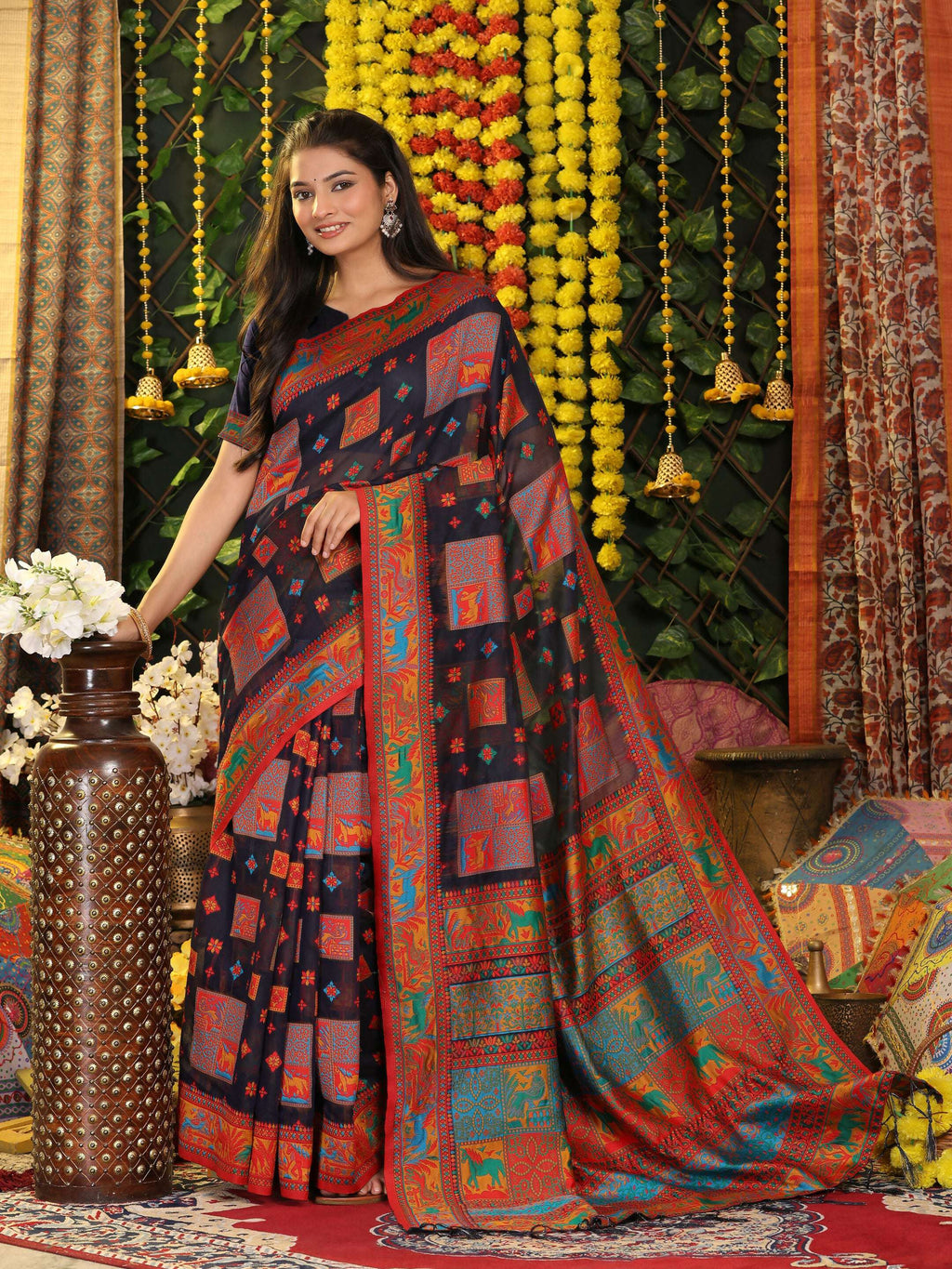 Shree Shyam Fashion Linen Cotton Navy Blue Saree - Distacart