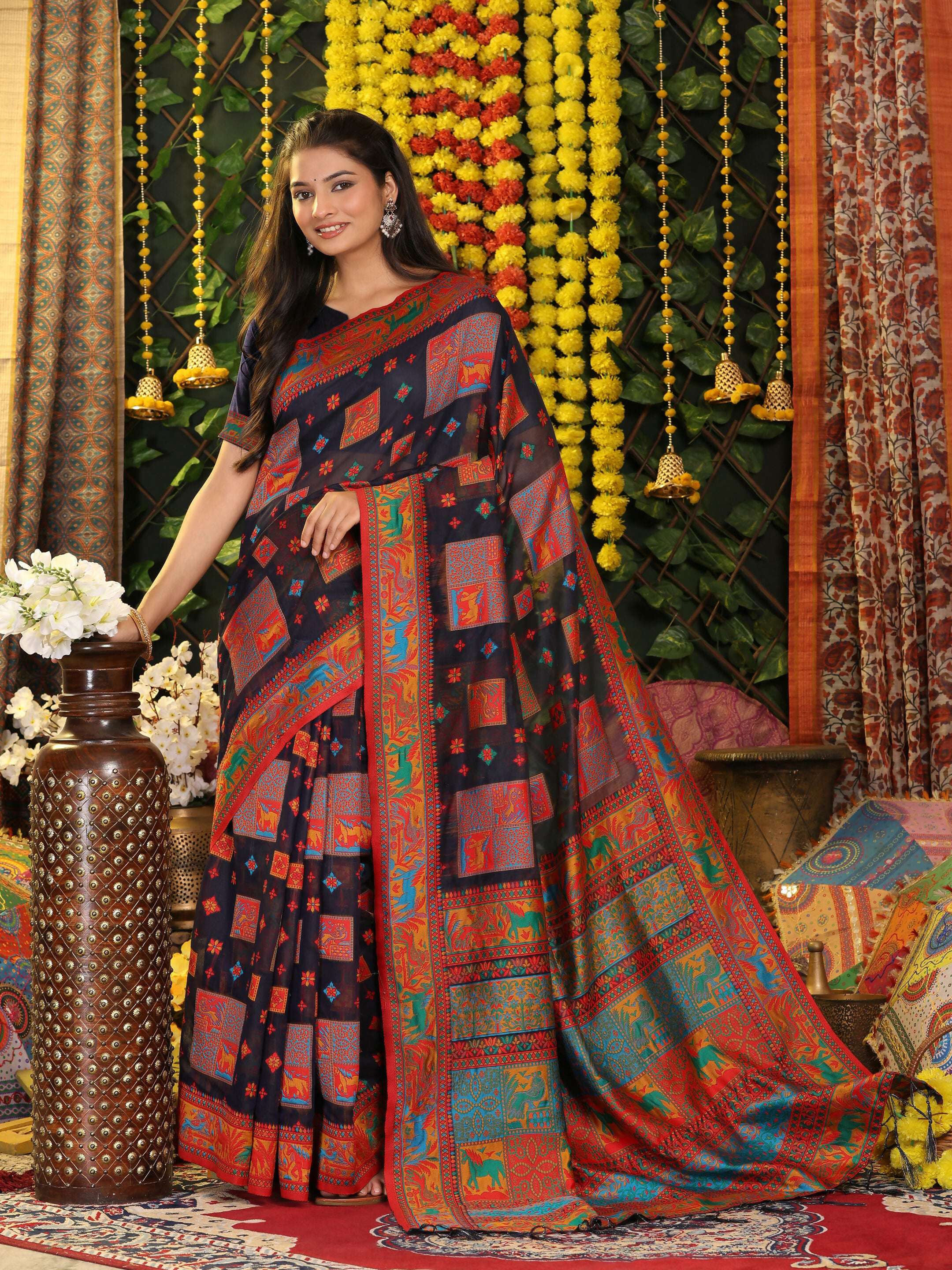 Shree Shyam Fashion Linen Cotton Navy Blue Saree - Distacart