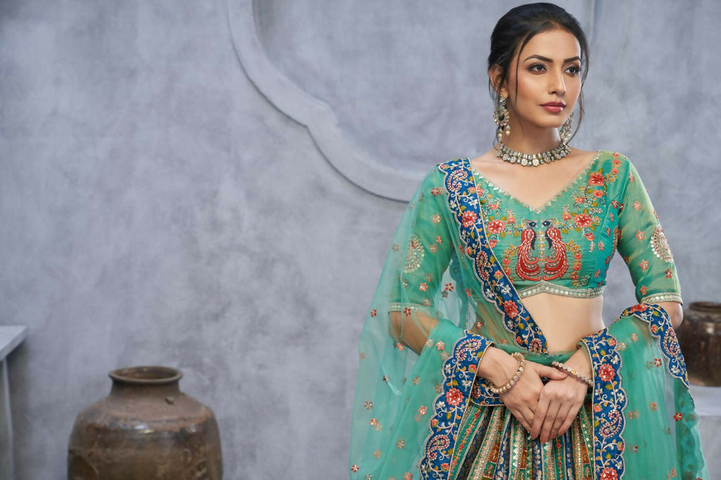 Kesar Fab Green Organza Embroidered Lehenga