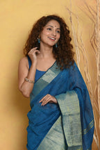 Very Much Indian Handloom Pure Cotton Linen Saree With Golden Border - Serene Blue - Distacart