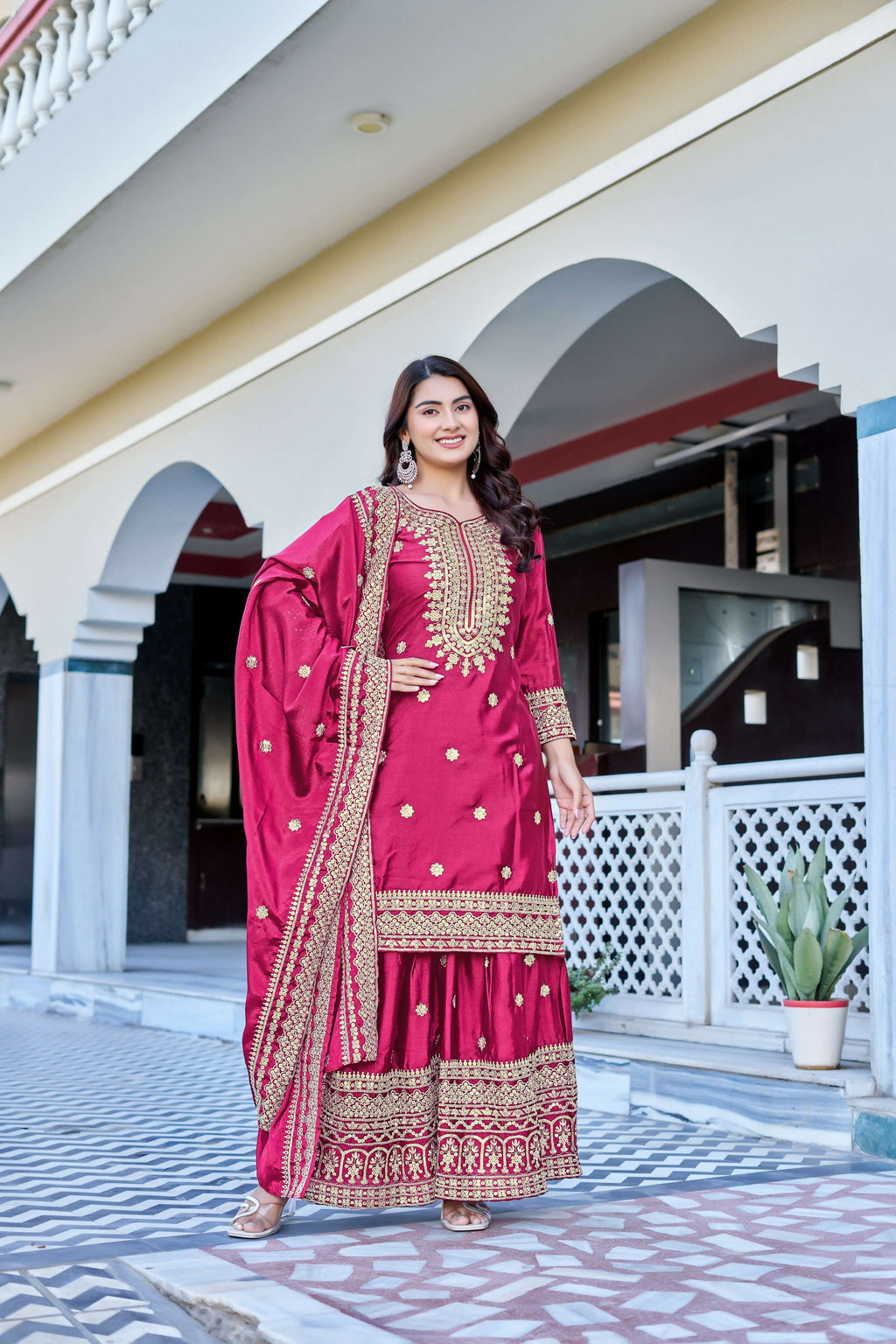 Teeya Creation Pink Color Chinon Silk Heavy Embroidery Work Wedding Wear Sharara - Distacart