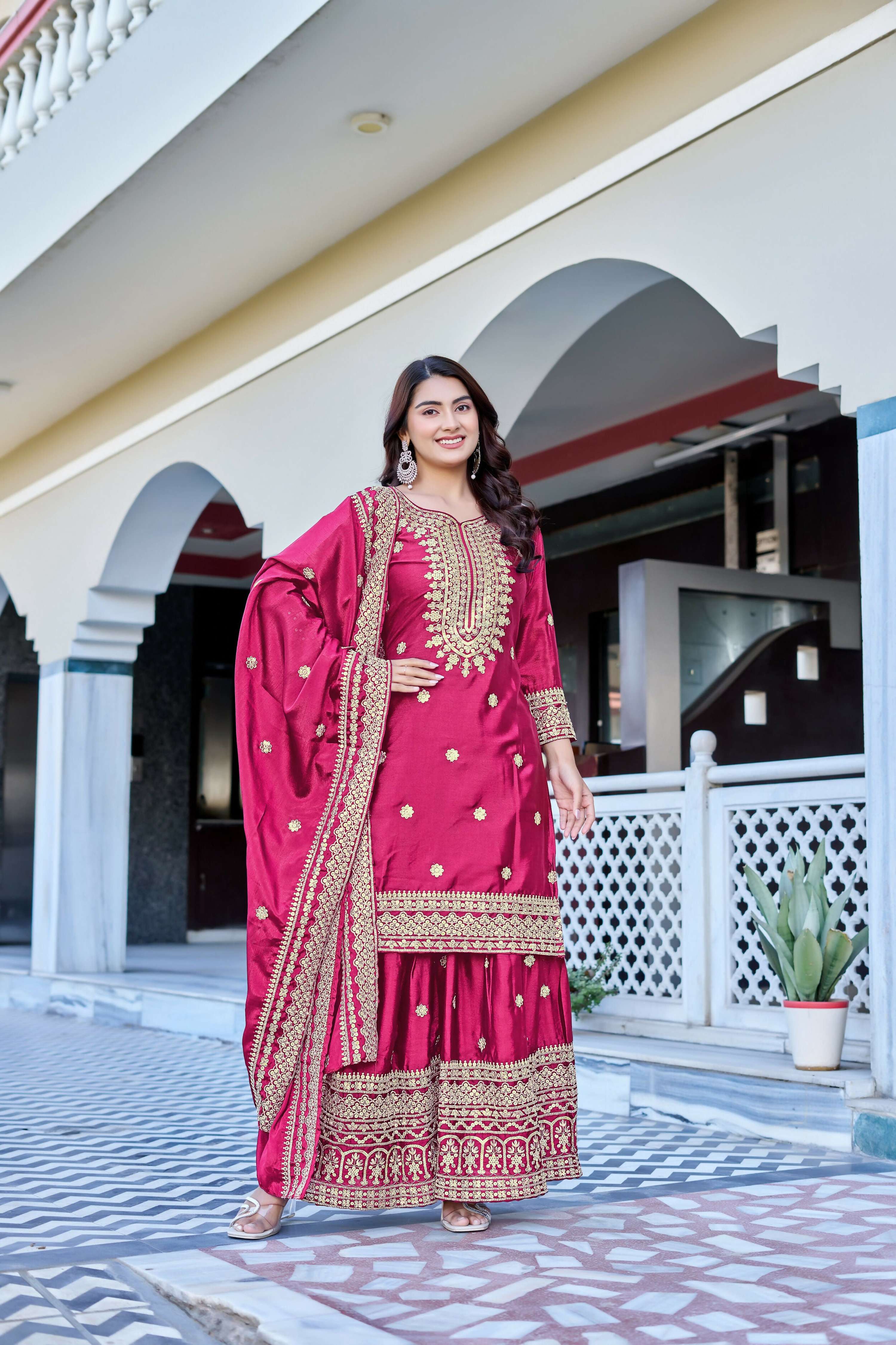Teeya Creation Pink Color Chinon Silk Heavy Embroidery Work Wedding Wear Sharara - Distacart