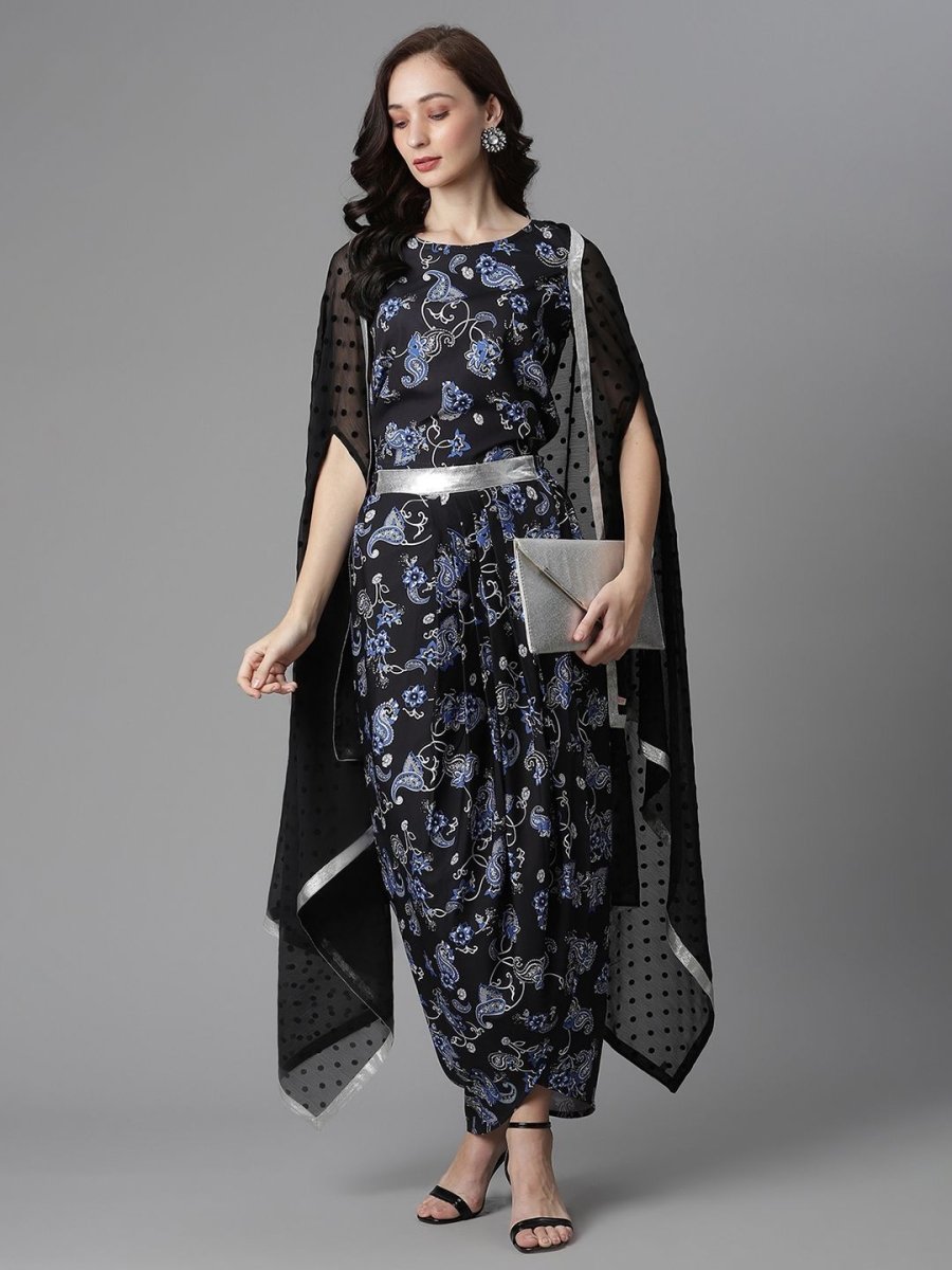 Ahalyaa Women's Black Crepe Digital Print Top Skirt With Shrug - Distacart
