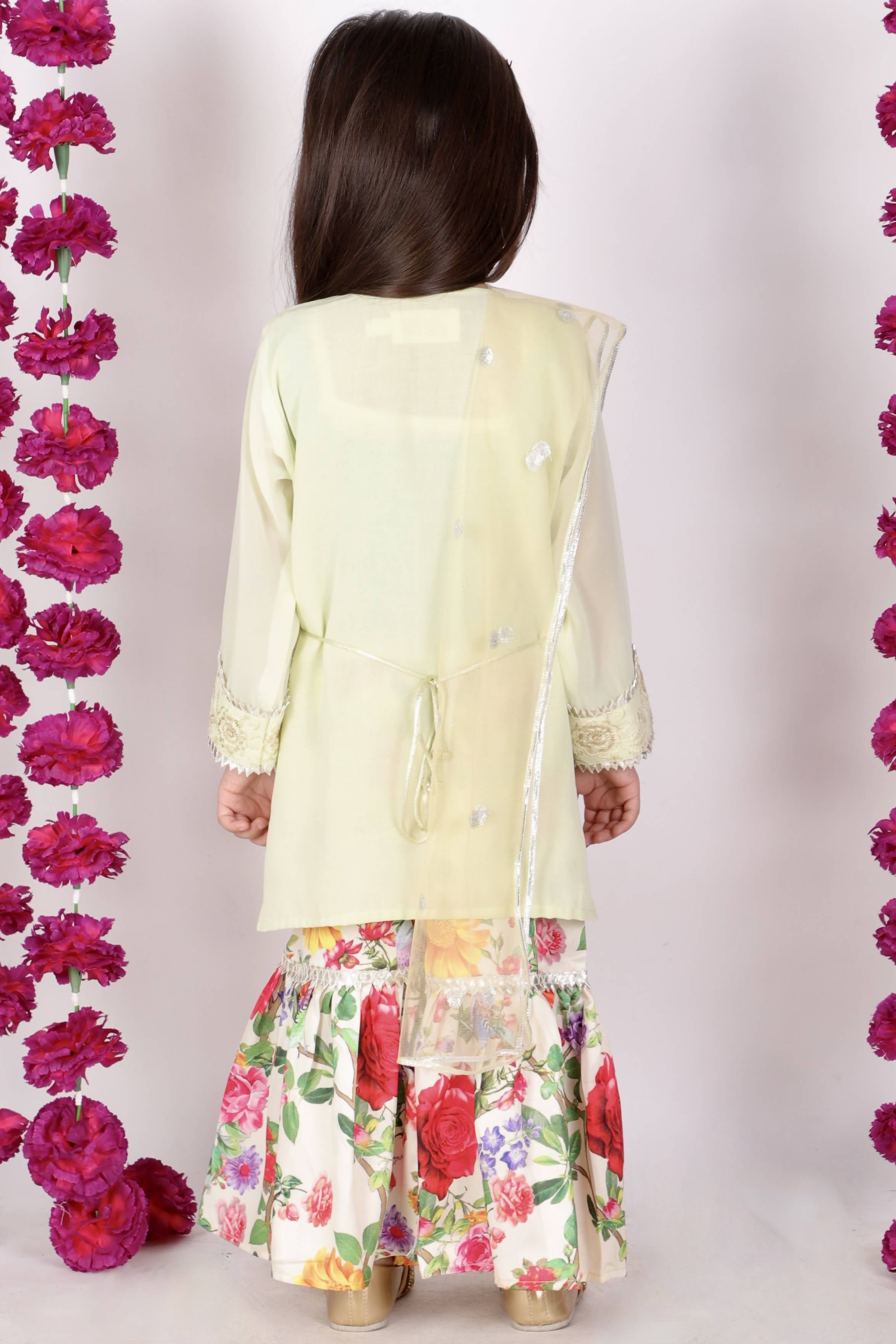 Little Bansi Girls Green & yellow Embrodiery Kurta with Floral Sharara
