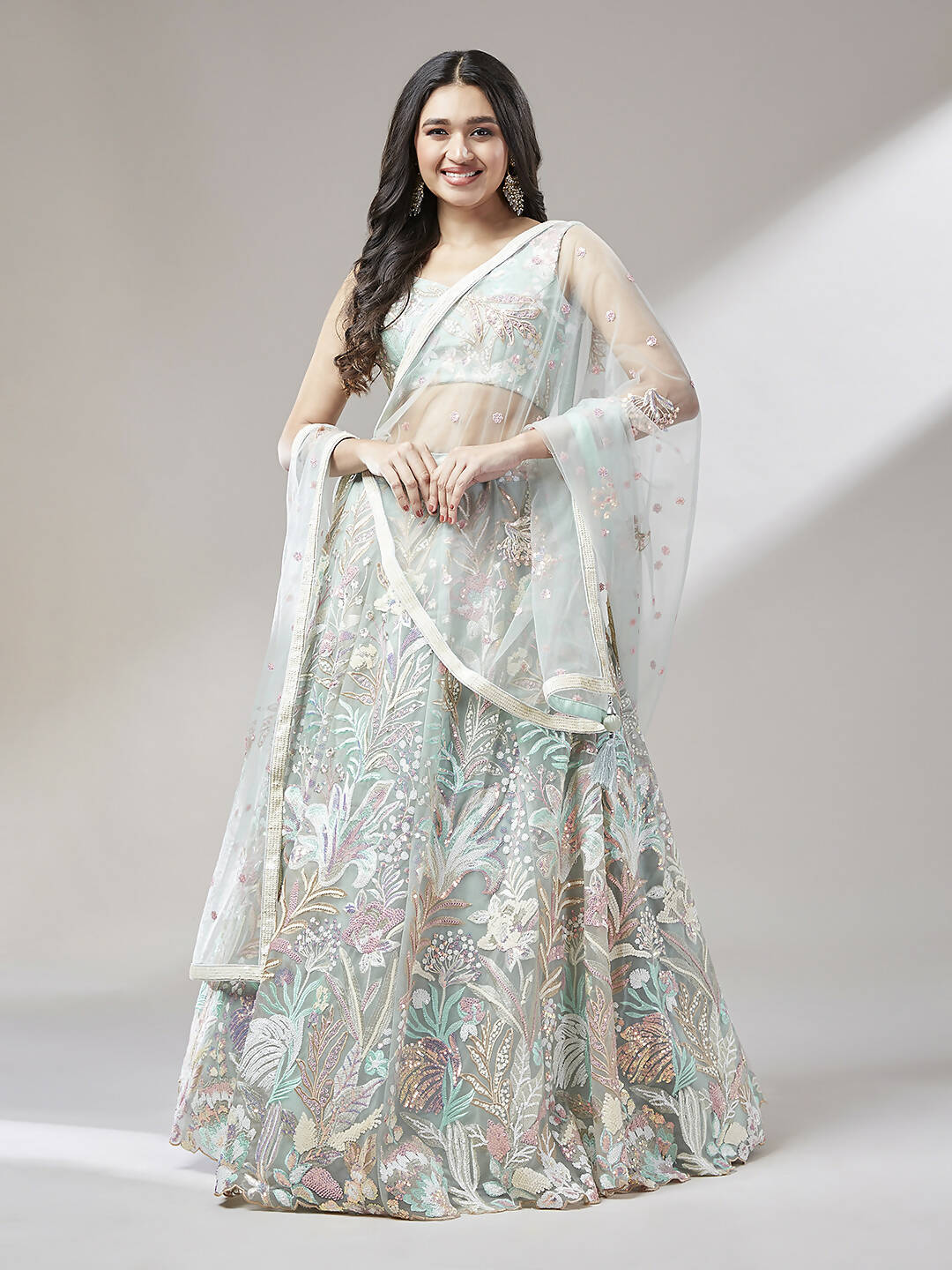House of Panchhi Lime Green Net Sequinse Work Lehenga & Blouse with Dupatta