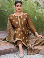Jyoti Fashion Women's Brown Pure Silk Elegant Jacquard Woven Kurta with Trouser & Dupatta