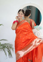 Orange Woven Jacquard Designer Embroidery Work Party Wear Saree - Parampara