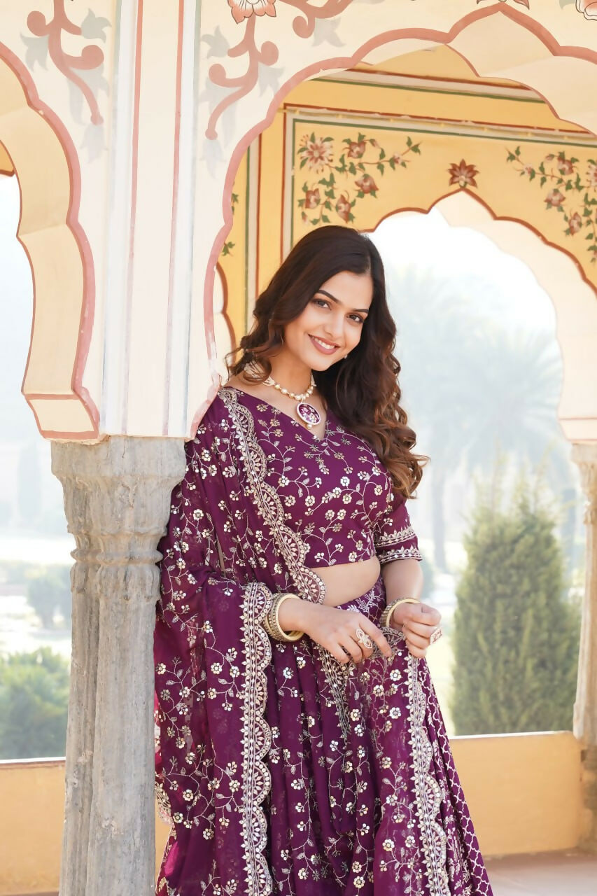 Lorenvalley Purple Pure Viscose Jacquard With Embroidered Sequins work Lehenga Choli