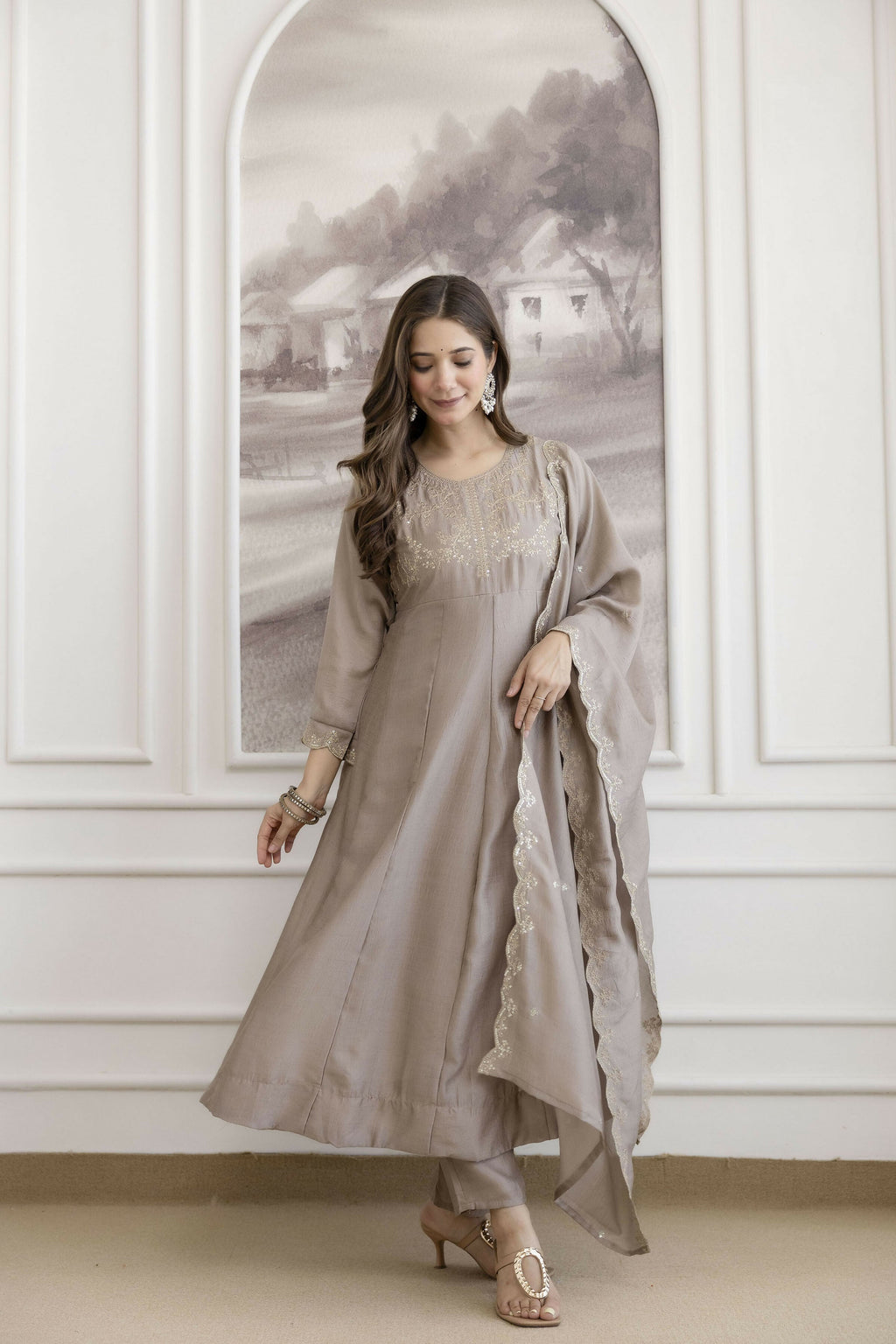 The52 Chiku Women's Beautiful Vichitra Silk Fabric Embroidered Work Flared Anarkali Pant and Dupatta Set - Distacart