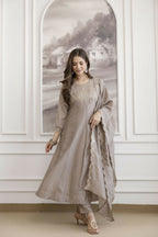 The52 Chiku Women's Beautiful Vichitra Silk Fabric Embroidered Work Flared Anarkali Pant and Dupatta Set - Distacart