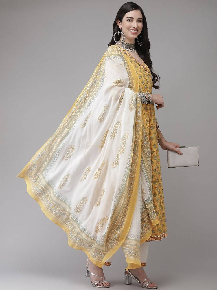 Yufta Women Yellow Floral Print Angrakha Pure Cotton Kurta and Trouser With Dupatta