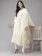 Yufta Women Cream-Embroidered Pure Cotton A-line Kurta with Trouser and Dupatta