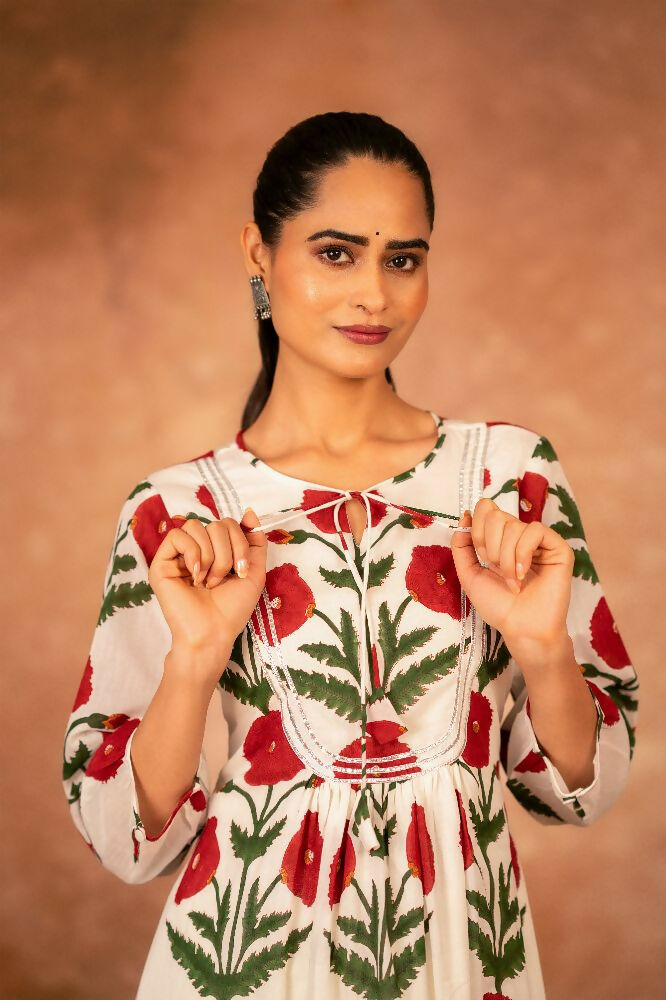 Joban Fashion Red Rose Floral Hand Block Printed Cotton Kurta Pant Set - Distacart