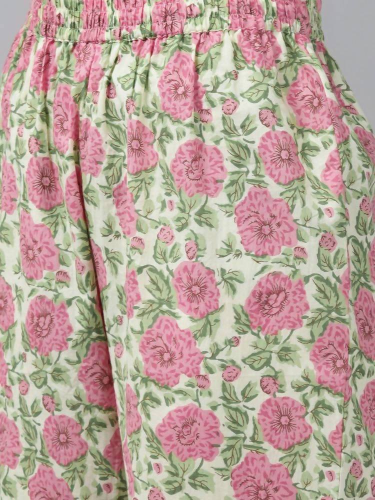 Yufta Women Pink Floral Print Aari Work Pure Cotton Kurta with Palazzo and Dupatta