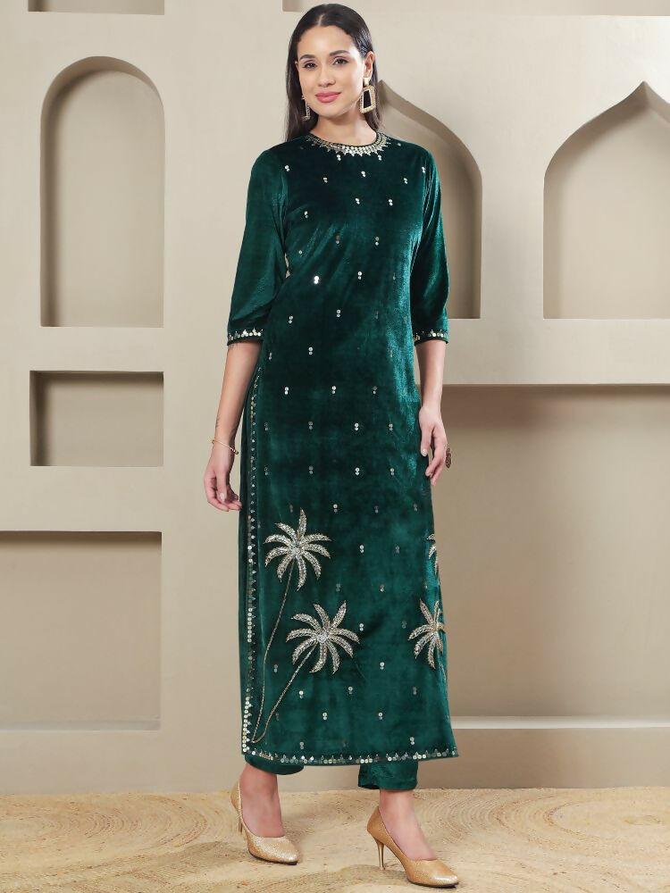 Joban Fashion Women Green Velvet Hand Embellishment Stitched Kurta Set - Distacart
