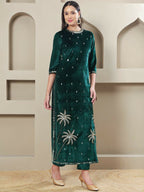 Joban Fashion Women Green Velvet Hand Embellishment Stitched Kurta Set - Distacart