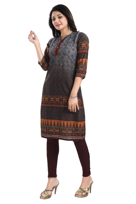 Snehal Creations Beautiful Brown Designer Print Cotton Slub Long Kurti Tunic