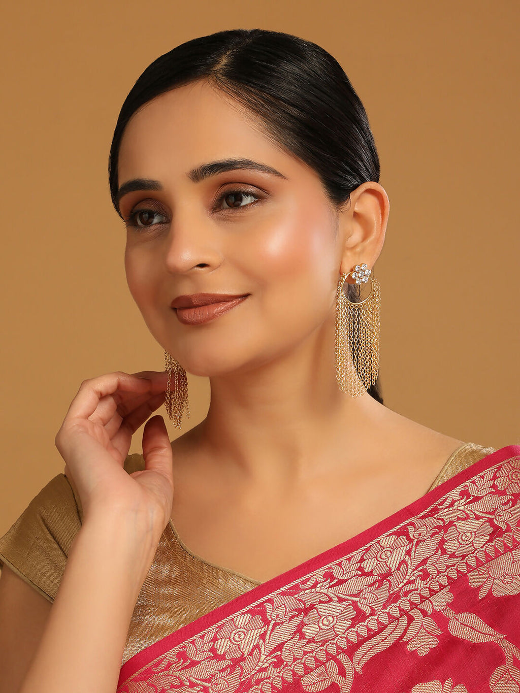 Nuyug 22K Gold Plated Crystal Studded Floral Stud Contemporary Dangler Earrings - Distacart