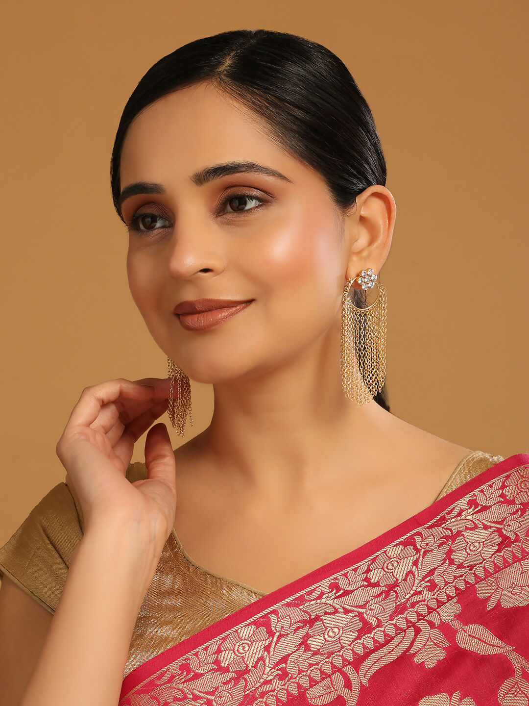 Nuyug 22K Gold Plated Crystal Studded Floral Stud Contemporary Dangler Earrings - Distacart