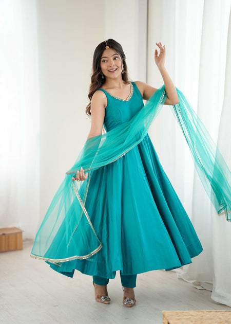 The52 Women's Beautiful Roman Silk Chanderi Fabric Flared Anarkali Pant and Dupatta Set
