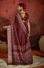 Joban Fashion Maroon Art Silk With Fine Viscose Border Ajrak Full Body Print With Soft Finish Saree - Distacart