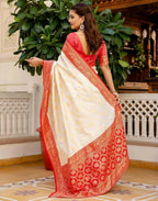 Joban Fashion Off White Silk Woven Banarasi Saree