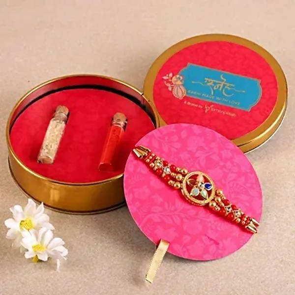 Flower Design Kundan Rakhi And Almonds Jar - Distacart