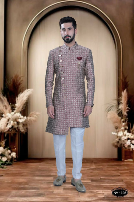 Joban Fashion Men's Red Base Brocade Kurta with Pyjama