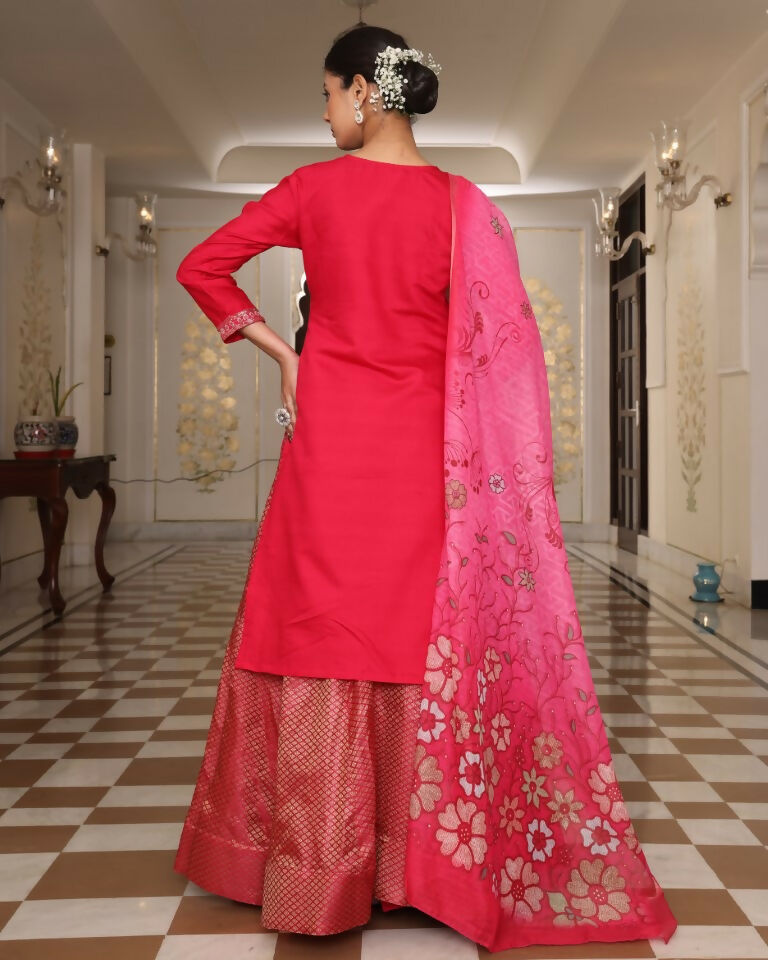 Jyoti Fashion Women's Pink Cotton Silk Floral Print with Embroidered Kurta Set