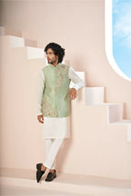 Olive Green Hand Embroidered Nehru Jacket by Hilo Design