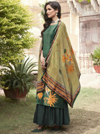 Jyoti Fashion Women's Green Velvet Floral Digital Printed Kurta with Trouser & Dupatta